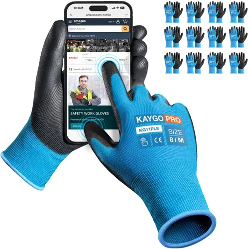 Vista 104 de KAYGO KG11PB - Guantes de trabajo de seguridad con revestimiento de poliuretano, 12 pares de guantes de punto sin costuras para hombres y mujeres