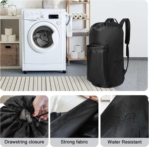 Vista 4 de Polecasa - Mochila de lavandería duradera con correas acolchonadas, tela resistente a desgarros, 3.8 oz/yd² y múltiples bolsillos, grande, Negro