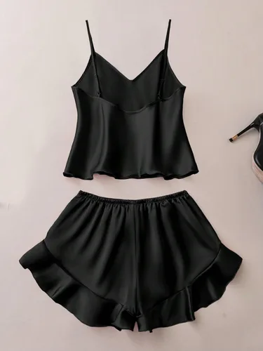 Vista 2 de SOLY HUX Conjunto de pijama sexy de satén de seda con volantes para mujer