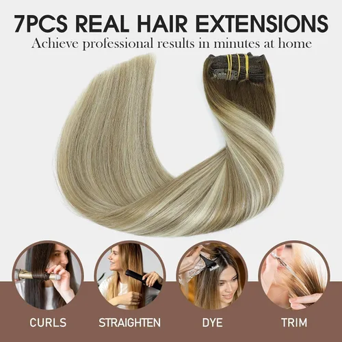 Vista 84 de VINBAO Extensiones de cabello humano con clip, balayage, color marrón ceniza a rubio caramelo, 14 pulgadas, 6 unidades, 3.53 onzas, 6