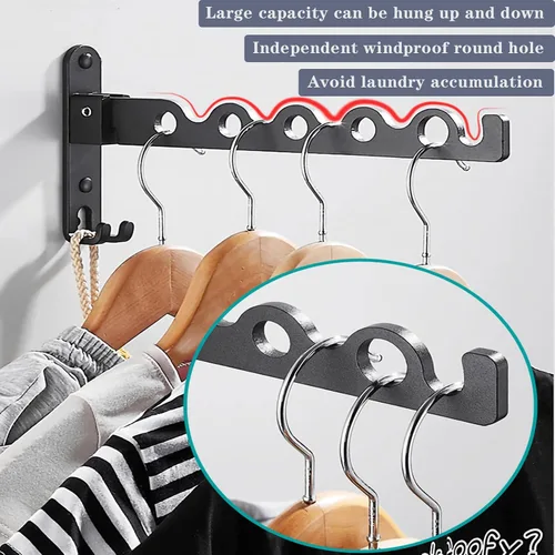 Vista 4 de Tendedero de secado de ropa montado en la pared para organización y almacenamiento de ropa de lavandería, estante de aluminio para secadora con dos