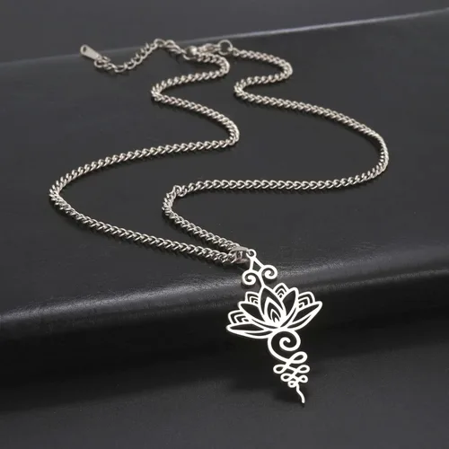 Vista 5 de kkjoy Collar de loto Unalome de acero inoxidable, flor de loto, símbolo de yoga, aretes inspiradores de budismo, joyería para mujer