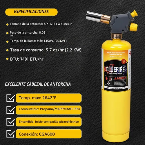 Vista 4 de Antorcha de propano BlueFire, Cabeza de antorcha práctica, Botón de gatillo de inicio, Boquilla, Antorcha de combustible de propano, Antorcha de gas