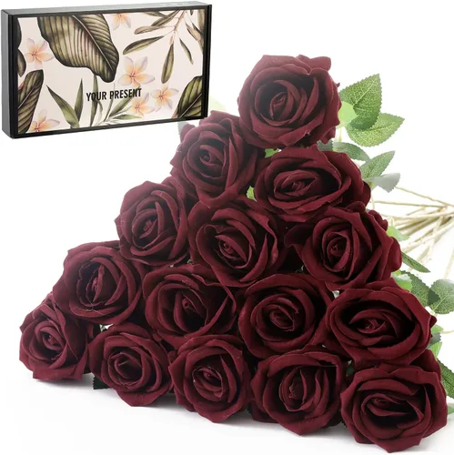 Vista 29 de 12 rosas artificiales de terciopelo sintético para decoración del hogar y boda (rosa perla, negro)