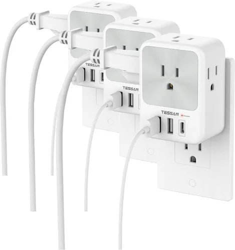 Vista 7 de Divisor de enchufe de pared múltiple, extensor de protector de sobretensión TESSAN de 4 salidas con 3 bloques de carga USB (2 USB C), expansor