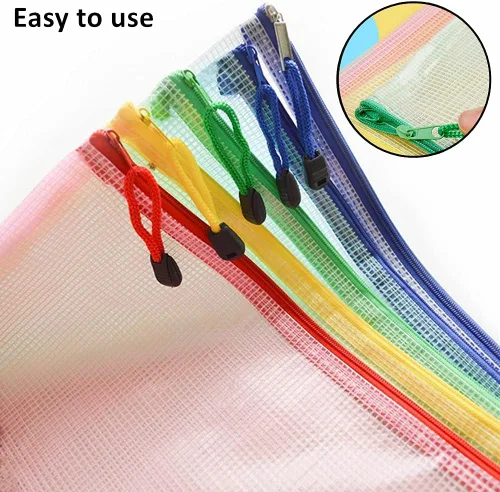Vista 3 de Bolsa de malla con cremallera, bolsas impermeables con cremallera, tamaño A4, bolsas de malla multiusos con cremallera para organizar suministros