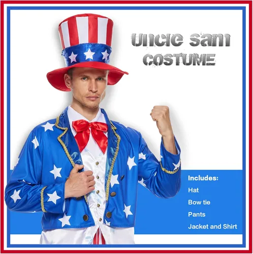 Vista 4 de ReneeCho Conjunto de disfraz de tío Sam para hombre, traje para adultos, 4 de julio, Día de la Independencia americana, vestido de fiesta patriótica