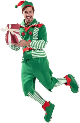 Vista 4 de EraSpooky Disfraz de elfo para hombre, disfraz de Papá Noel, color rojo y verde