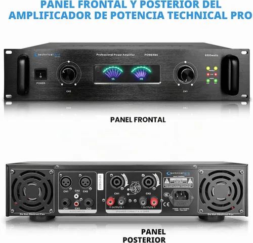 Vista 2 de Technical Pro Sistema de PA portátil profesional de 6000 vatios, amplificador de potencia estéreo digital de 2 canales con ventiladores de doble