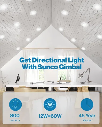 Vista 8 de Sunco - Luz empotrable LED cardán de 6 pulgadas, ángulo ajustable, 12 W = 3000K Blanco Cálido