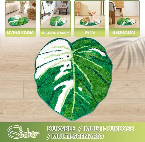 Vista 6 de Sisher Alfombra de baño de hojas verdes, alfombra grande Monstera para niños, alfombra de hoja verde, antideslizante, cómoda alfombra