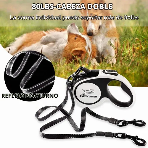 Vista 4 de EXPAWLORER Correa retráctil doble para perro, correa extensible con cerradura de doble cabeza, cinta de nailon reflectante de 16 pies, 360 sin