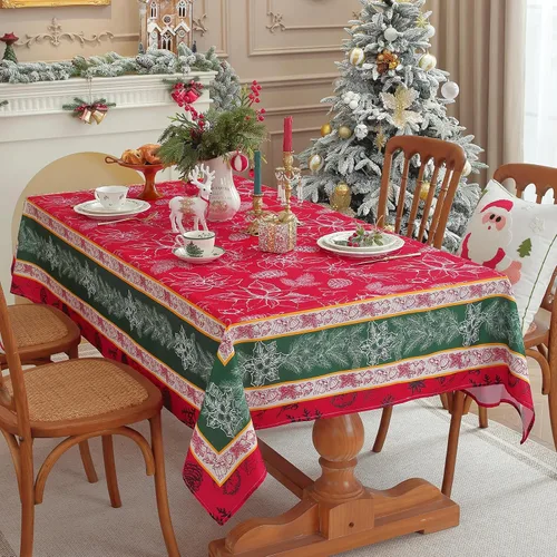 Vista 9 de SASTYBALE - Mantel navideño rectangular de 52x70 pulgadas, con diseño vintage de Flor de Pascua y acebo, resistente a las arrugas, para cenas