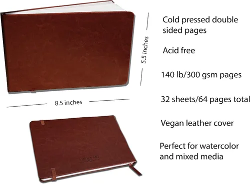 Vista 6 de Linden Art Diario de acuarela, 140 libras (10.58 oz/m²), 64 páginas prensadas en frío de 8.5 x 5.5 pulgadas, diario de viaje de acuarela y medios