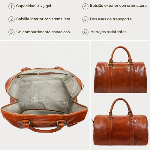 Vista 6 de Time Resistance Bolsa de lona pequeña de cuero de grano completo - Bolsa de gimnasio para fin de semana (marrón coñac)