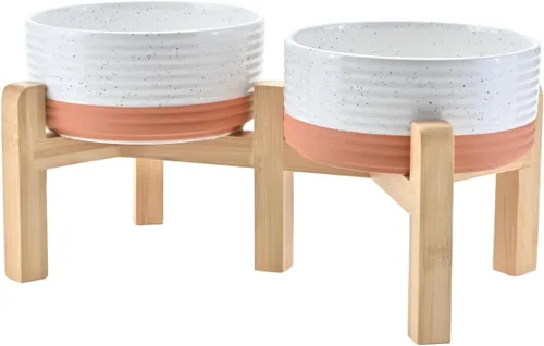 Vista 44 de SPUNKYJUNKY Cuencos elevados de cerámica para perros, 5.1 pulgadas, para comida de perros y gatos, cuencos elevados con soporte de bambú Verde oscuro