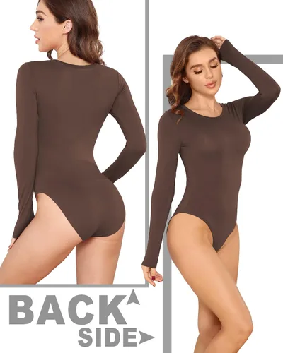 Vista 19 de LAOLASI Body de manga larga con cuello redondo para mujer, ajustado, básico, extensor