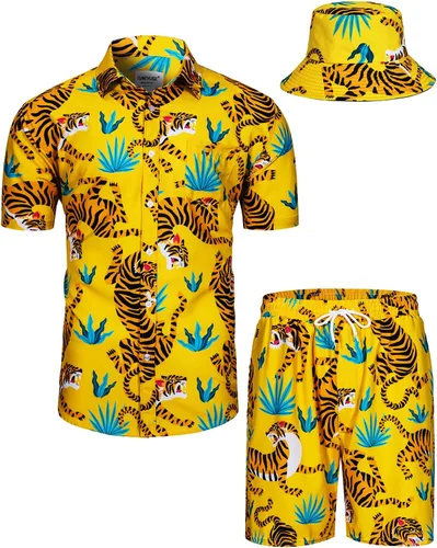 Vista 131 de TUNEVUSE Conjunto de camisas y pantalones cortos hawaianos para hombre, 2 piezas, trajes de playa con estampado de flores, traje tropical de verano