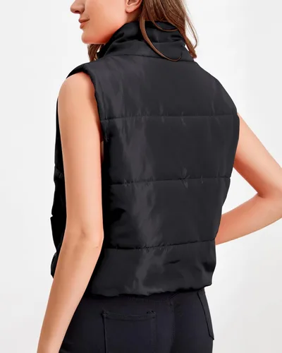 Vista 4 de Chaleco acolchado para mujer, sin mangas, cuello alto, ligero, acolchado, con bolsillos, otoño e invierno 2024