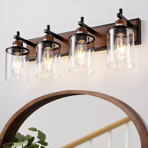 Vista 19 de Lanhall Lámpara de baño de 3 luces, estilo granja, vintage, sobre espejo, de metal pintado en madera y negro con pantalla de cristal, enchufe E26
