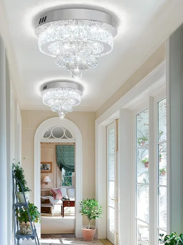 Vista 17 de Mini Lámpara de Araña Empotrada de 12" de Diámetro para Pasillo, Candelabros de Techo de Cristal para Comedor, Dormitorio, Sala de Estar, Entrada