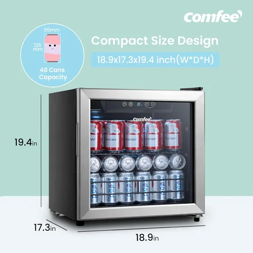 Vista 2 de COMFEE' CRV48S3AST - Enfriador de bebidas, refrigerador de bebidas de 48 latas, control digital de temperatura, puerta de vidrio con marco de acero