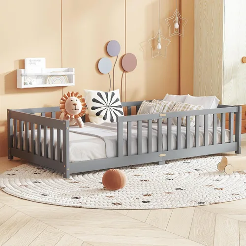 Vista 20 de Twin Size Floor Bed with Slats and Guardrails, Wood Floor Bed, Espresso