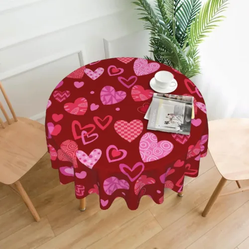 Vista 2 de Sweetshow Mantel redondo para el día de San Valentín de 60 pulgadas, rústico, romántico, rosa, rojo, corazón, estampado de corazón, con decoración