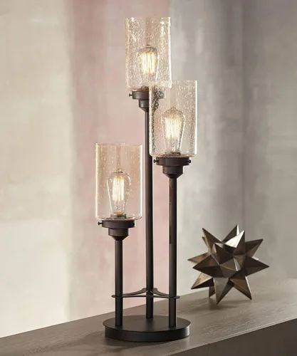 Vista 2 de Franklin Iron Works Libby - Lámpara de mesa moderna industrial rústica de 30 pulgadas de alto, tamaño completo, metal de bronce, 3 luces LED