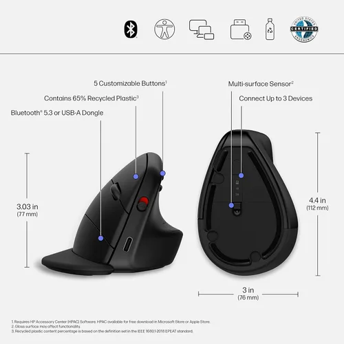 Vista 7 de HP 920 - Ratón ergonómico vertical inalámbrico Bluetooth 5.3 y dongle USB, 5 botones programables, batería de 16 semanas, multidispositivo
