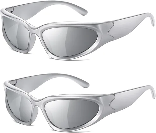 Vista 8 de JASPIN Y2K Gafas de Sol Envolventes para Mujeres y Hombres, Plata, Ovaladas, de Moda, Deportivas, con Protección UV A1/Negro+plateado+gris
