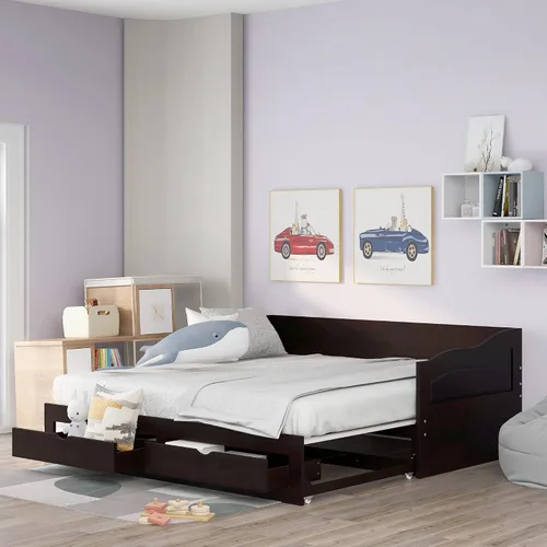 Vista 9 de Polibi Sofá cama extensible, sofá cama de madera con nido y dos cajones, sofá cama convertible con 2 cajones de almacenamiento, se puede ampliar