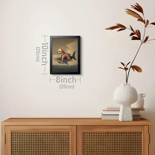 Vista 7 de Divertido arte de pared de tiburón montando chihuahua, impresión en lienzo enmarcada para baño de perro, decoración de pared de animales abstractos