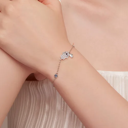 Vista 2 de BISAER Pulsera de plata de ley con cierre de dije para abalorios con piedras preciosas de zafiro, tapón de bloqueo de clip de ojo malvado