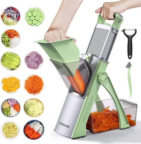 Vista 11 de Jonscook Rebanador de mandolina todo en uno seguro para cocina, picador de alimentos con contenedor, cortador de verduras con grosor ajustable