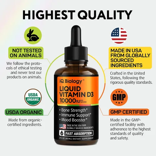 Vista 4 de Vitamina líquida D3 10000 UI (250 mcg) – Gotas de vitamina D orgánica USDA para adultos y niños – Vit D3 con aceite MCT para una mejor absorción