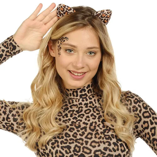 Vista 2 de Funcredible Diadema de orejas de leopardo con tatuajes diadema de guepardo con tatuaje temporal accesorios de disfraz de Halloween para adultos