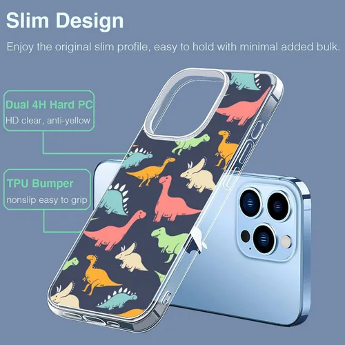 Vista 3 de Funda compatible con iPhone 13 Pro Max, colorida y bonita funda con estampado de dinosaurio de dibujos animados para iPhone, protección contra