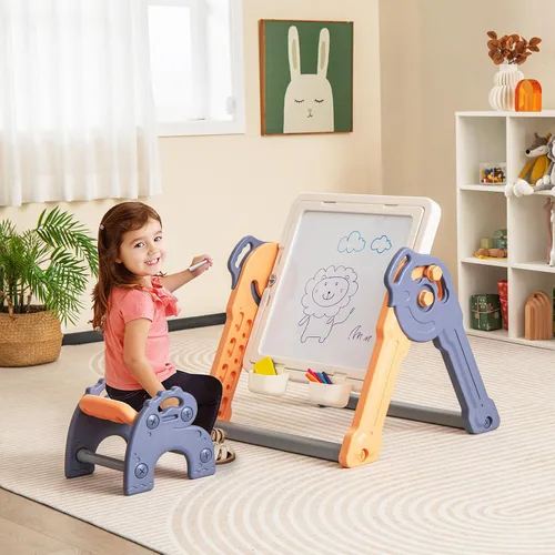 Vista 8 de Costzon Juego de mesa y silla 6 en 1 para niños, caballete de arte plegable con marcadores, borrador, 102 ladrillos compatibles, mesa de bloques