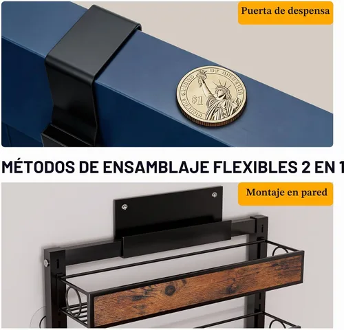 Vista 7 de Orangizer 2 en 1 de 8 niveles para colgar o colgar en la pared con cesta de madera ajustable, estante de almacenamiento de condimentos resistente