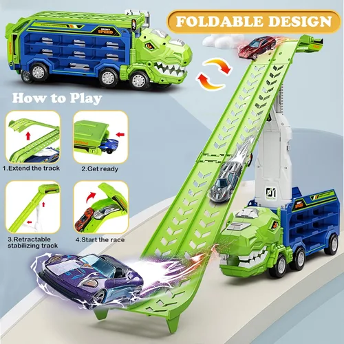 Vista 3 de Juguetes de camiones de dinosaurio para niños de 3, 4, 5, 6, 7, 8 años, juguetes de pista de carreras de camiones transportadores, juguete de coche