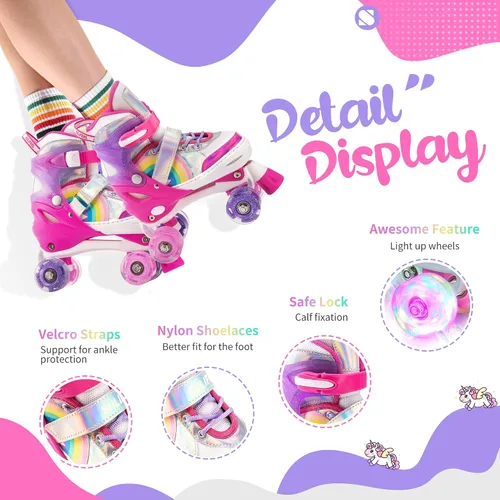 Vista 2 de SULIFEEL Patines de unicornio arcoíris para niños con equipo de protección ajustable, rosa, talla S, M