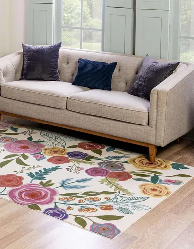 Vista 7 de Unique Loom Blossom Collection Ashley - Alfombra rectangular de 9 x 12 pies, color marfil y azul claro