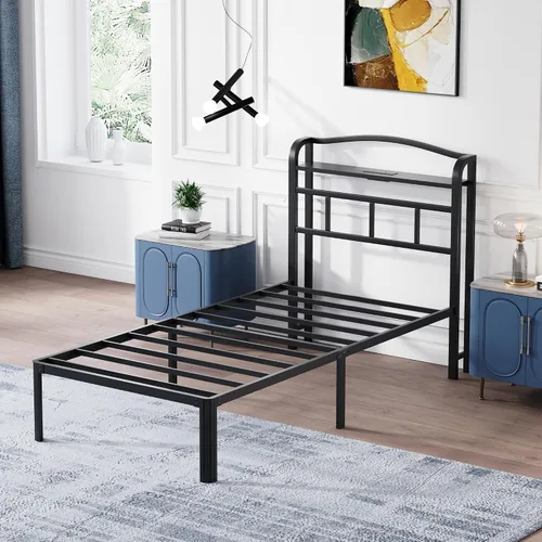 Vista 7 de SHOANED Base de cama de metal de 14 pulgadas, base de colchón básica de plataforma resistente de color negro con cabecera y estación de carga,