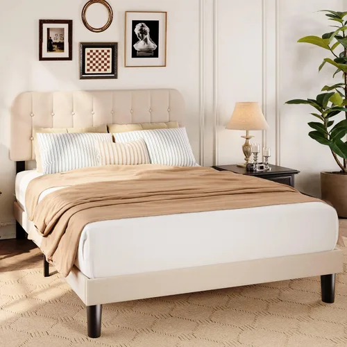 Vista 3 de Gizoon Base de cama Queen con cabecero, cama de plataforma tapizada con listones de madera resistentes, sin ruido, no necesita somier, fácil