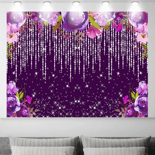 Vista 2 de Telón de fondo morado con purpurina de 7 x 5 pies, telón de fondo de acuarela con diamantes plateados brillantes, decoración de fiesta de té Bokeh