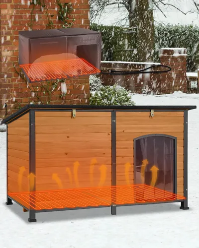 Vista 8 de Casa para perros climatizada al aire libre con almohadilla térmica resistente a la intemperie para perros con marco de hierro antimasticación