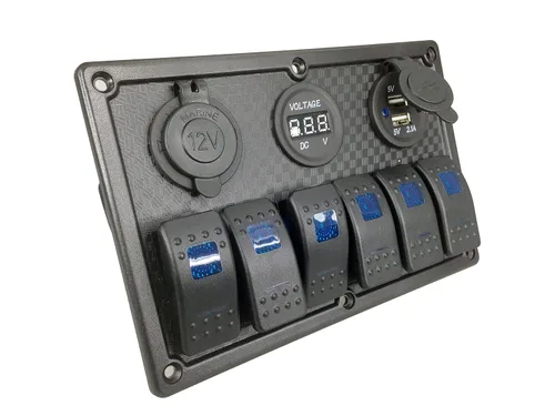Vista 2 de Pactrade Marine Coche RV Barco 6 Gang LED Azul Interruptor Basculante Panel USB Voltímetro