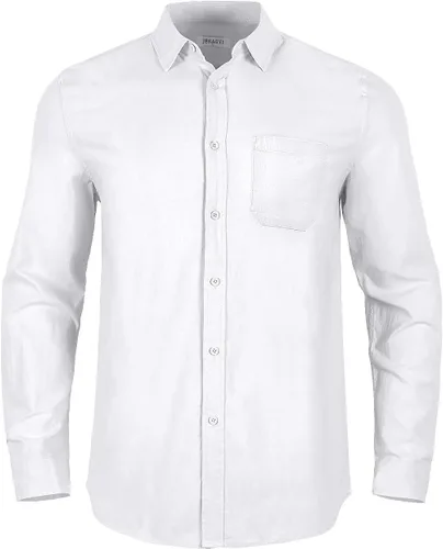 Vista 2 de JEKAOYI Camisas de lino con botones para hombre, estilo casual, manga larga, ajuste regular, de algodón, con bolsillo