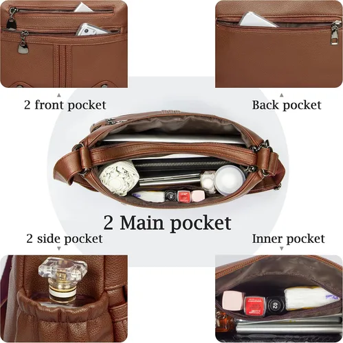 Vista 6 de Bolso bandolera de piel sintética suave para mujer, bolso cruzado con múltiples bolsillos, bolso cruzado mediano espacioso a la moda con asa superior